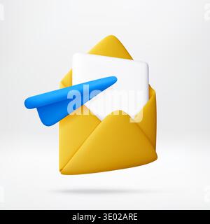 3D Yellow envelope with blue paper airplane Stock Vector