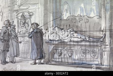This 18th-century watercolor by Thomas Rowlandson, titled "A Tour in a Cathedral", depicts a group of figures examining a large tomb and a wall-mounted bust within a cathedral setting. The monochrome wash technique highlights the architectural details and the solemnity of the scene, characteristic of Rowlandson's illustrative style from the late 1700s. Stock Photo