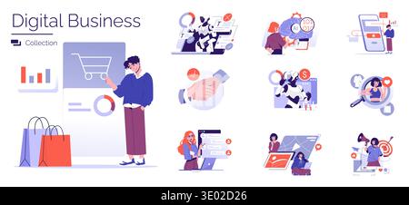 Digital business vector illustration showcasing key concepts like e-commerce, AI, data analysis, marketing, and teamwork. Figures engaged in digital tasks, business transactions, collaborations. Stock Vector