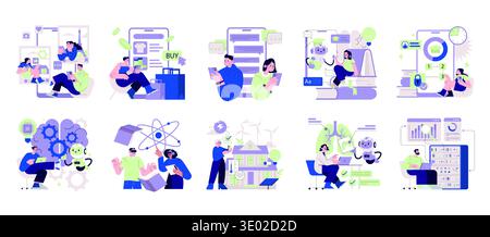 Set of vector illustrations highlighting technology and communication themes. Includes social media interactions, AI learning, online shopping, renewable energy, and data analysis. Vibrant colors and modern design emphasize themes of innovation, connectivity, and sustainability. Stock Vector