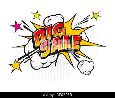 Cartoon retro big sale comic speech bubble. Shop price off comic balloon halftone label, discount explosion vector sticker. Sale speech cloud with red Stock Vector