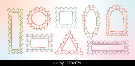 Pastel color wavy, zigzag edges shapes, figures. Groovy y2k squiggle frames with checkered pattern. Cute vector frameworks, rectangle, square. Stock Vector
