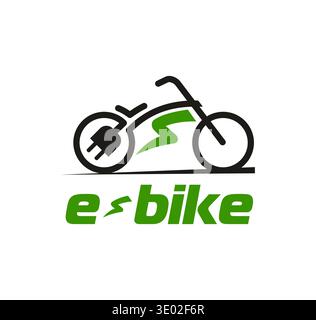 Electrobike icon, vector emblem with electric bicycle, plug, wheel and lightning symbol. Vector modern ebike, eco transport, energy, electricity, clea Stock Vector