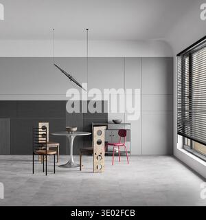 Contemporary minimalist dining interior featuring sculptural pedestal dining table, designer chairs and architectural wall panels with clean wall nega Stock Photo