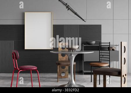 Modern designer dining room featuring poster frame mockup, sculptural pedestal table and contemporary minimalist furniture in a refined architectural Stock Photo