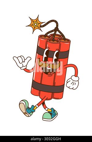 Wild West and Western retro groovy dynamite explosion cheerful character. USA Western TNT explosive funky mascot, US history groovy vector personage. Stock Vector