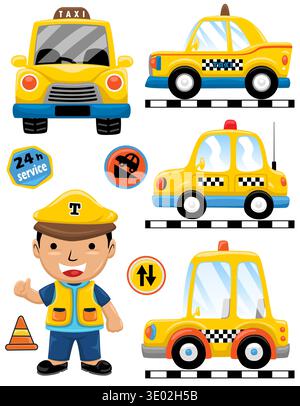 Yellow taxi cabs collection with friendly male driver character. Stock Vector