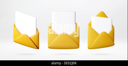3D Three yellow envelopes with white paper sheets Stock Vector