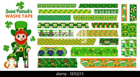 Happy St Patrick's day sticky washi tape vector set with cartoon leprechaun character, cat in hat, shamrock clover patterns, beer mug, pot of gold and Stock Vector