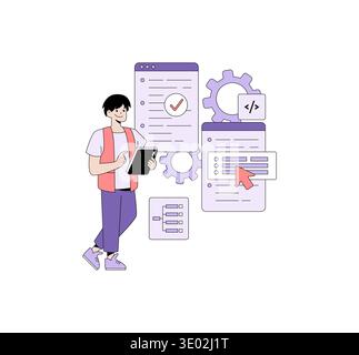Vector illustration of a developer interacting with a visual interface showcasing code elements and settings. Depicts a programmer assessing functionality through a digital platform. Stock Vector