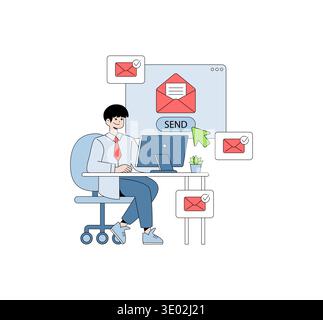 Vector illustration of a professional working at a desk, sending emails. The individual appears focused and content, surrounded by digital mail icons indicating activity. Stock Vector