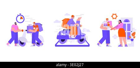 Vector illustration of food delivery service. Couriers on scooters delivering items efficiently. Customer receiving goods at home with a friendly interaction and high energy. Stock Vector