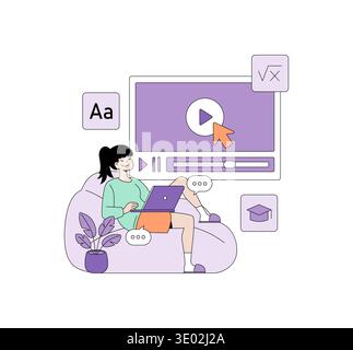 A vector illustration of a woman comfortably sitting on a couch while watching an educational video on her laptop. She is surrounded by digital icons representing learning and multimedia. Stock Vector