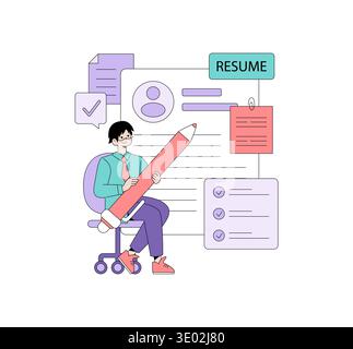 Vector illustration depicting a person sitting on a chair smiling while writing a resume with a giant pencil. The image includes various resume elements like checklists and documents. Stock Vector
