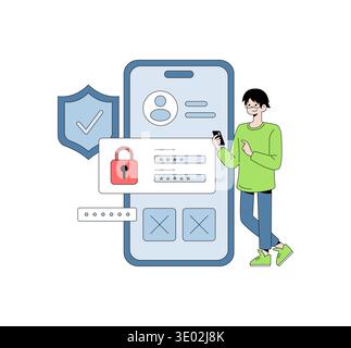 Vector illustration of a person interacting with a mobile security app. The scene includes a large smartphone screen displaying security features like password entry and lock icons indicating secure access. Stock Vector