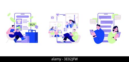 Vector illustration depicting people engaging in online activities. Includes online shopping, social media interaction, and texting, showcasing modern digital life with expressive emotions. Stock Vector