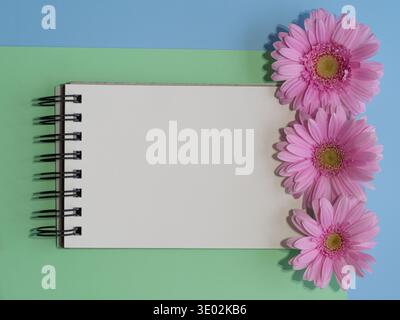 Blank notebook with pink gerbera flowers on pastel background with copy space Stock Photo