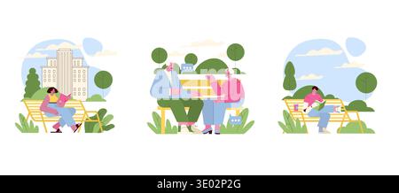 Vector illustration of people engaging in various activities on park benches. One person reads a book, two engage in conversation, and another relaxes outdoors surrounded by greenery. Stock Vector