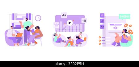Vector illustration showcasing diverse individuals engaged in collaborative learning and digital interaction. Scenes depict study discussions, online learning, and digital media consumption. Stock Vector