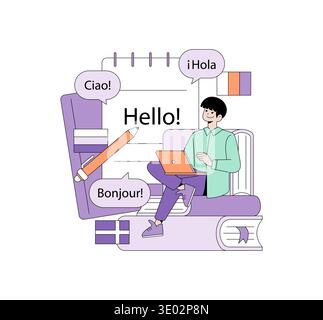 Vector illustration of a person learning languages, featuring speech bubbles with greetings in various languages. Includes elements like books and a laptop, emphasizing global communication. Stock Vector