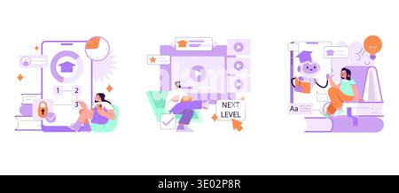 Vector illustration depicting online learning activities. Students interact with educational platforms and AI tutors using digital devices, highlighting technological education methods. Stock Vector