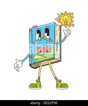 Cartoon retro groovy blue book with light bulb Stock Vector