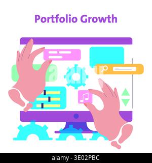 Vector illustration of hands interacting with a digital interface labeled "Portfolio Growth" on a screen, showcasing various icons and options for data management and analysis. Stock Vector