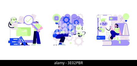 Vector illustration showing people engaging with AI technology, including document review, digital brainstorming, and online learning interactions with AI-generated characters. Stock Vector
