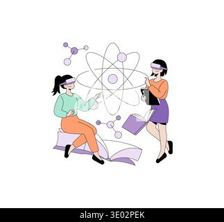 Vector illustration of two women using virtual reality headsets to explore scientific concepts, surrounded by atom and molecule graphics. They demonstrate immersive learning in science. Stock Vector
