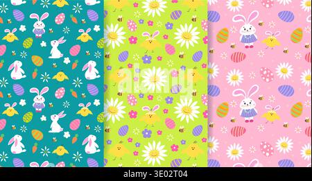 A set of seamless patterns with cute bunnies, Easter eggs, chicks, and tiny flowers. Adorable hand-drawn bunnies and chicks. Perfect for textiles, wal Stock Vector