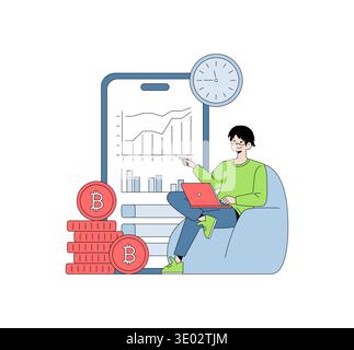 Vector illustration shows a person analyzing Bitcoin data on a laptop, seated comfortably with bitcoin coins stacked nearby. A large smartphone displays the data as they review trends. Stock Vector