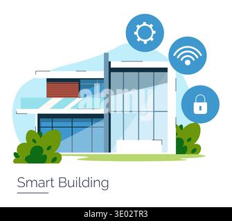 Vector illustration of a modern smart building surrounded by green landscaping, with technology icons representing automation, connectivity, and security, ideal for digital technology concepts. Stock Vector
