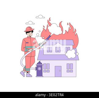 Firefighter in uniform using a hose to extinguish flames on a burning house. Smoke rises as the firefighter works diligently. Vector illustration depicts emergency response action. Stock Vector