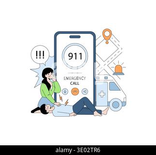 Illustration depicting an emergency call with a person providing first aid. A large smartphone shows a 911 call, symbolizing urgent medical assistance. Ambulance icon enhances the scene. Stock Vector