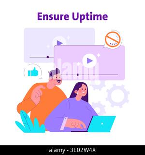 Colorful vector illustration showing two people collaborating on a laptop to ensure uptime. Includes settings icons and play buttons, conveying teamwork and efficiency. Stock Vector