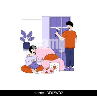 Vector illustration of a couple engaged in household activities. One person is cleaning a window, while the other knits on a couch. The scene conveys a harmonious home environment. Stock Vector