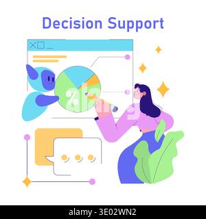 Vector illustration showing a person interacting with an AI robot using a digital decision support system. The person is analyzing data on a pie chart while engaging with the AI. Stock Vector