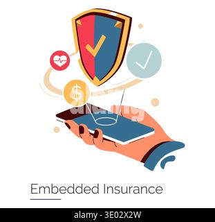Vector illustration of embedded insurance represented by a smartphone in hand with symbols of healthcare, security, and finance, highlighting the concept of digital insurance integration. Stock Vector