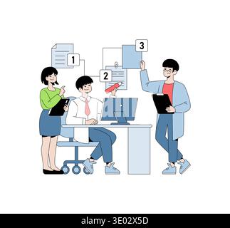 Vector illustration of three people collaborating in an office setting, engaged in task assignment using a computer. Graphic shows documents labeled 1, 2, and 3, suggesting workflow. Stock Vector