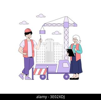 Vector illustration of a construction team planning with a crane, featuring two smiling professionals discussing a building project. The background includes a cityscape and construction elements. Stock Vector