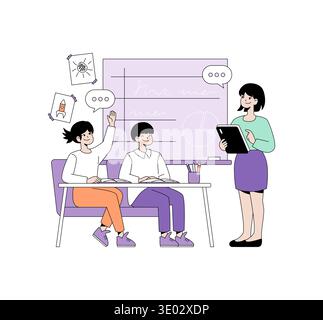 Students engaged in classroom interaction with a teacher holding a tablet. A student raises hand eagerly to answer a question, illustrating active learning. Vector illustration in minimalist style. Stock Vector