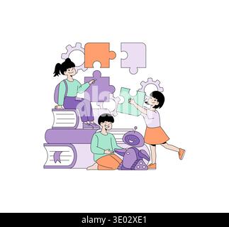 Vector illustration of children engaging in a collaborative puzzle-solving activity with a friendly robot. Books and gears highlight a learning environment emphasizing teamwork and innovation. Stock Vector