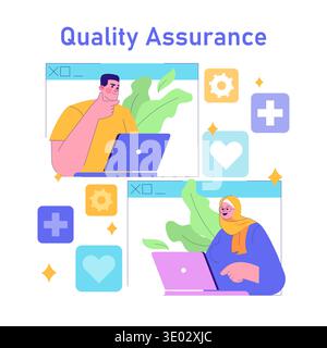 Digital illustration depicting team members engaged in quality assurance tasks on laptops with thoughtful expressions, surrounded by icons representing quality control and assurance concepts. Stock Vector