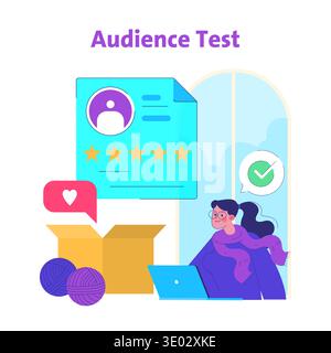 Vector illustration showing a person with a laptop conducting an audience test. Review card with five stars depicted, indicating evaluation process with positive feedback elements. Stock Vector