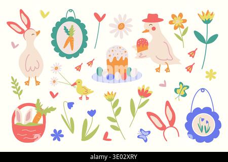 Set of Easter elements with a cute rabbit, a duck, an Easter cake, colorful eggs, blooming flowers. Elements of festive spring decor. Hand-drawn vector illustration of spring animals Stock Vector