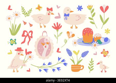 Set of Easter elements with cute geese, a duck, an Easter cake, colorful eggs, and colorful flowers. Elements of festive spring decor. Hand-drawn vector illustration of spring animals Stock Vector