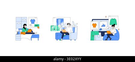Three illustrations depicting people engaging in online shopping from home. Each person uses a laptop to browse clothing and make purchases, showcasing the convenience and ease of shopping online. Stock Vector