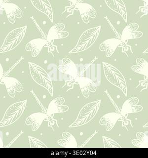 Seamless pattern with dragonfly, leaf silhouettes. Abstract vector background with insect silhouettes. Cute nature print in pastel green for textile design, wrapping, wallpaper. Organic botanical art. Stock Vector