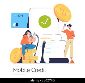 Vector illustration of two people engaging in a mobile credit transaction using smartphones. Digital payment and mobile finance concept with coins and credit card imagery. Stock Vector