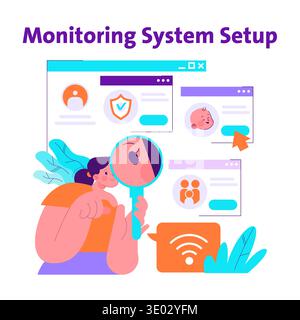 Vector illustration of a person with a magnifier setting up a monitoring system. Features various digital screens displaying user interfaces and profiles, indicating technology and surveillance themes. Stock Vector